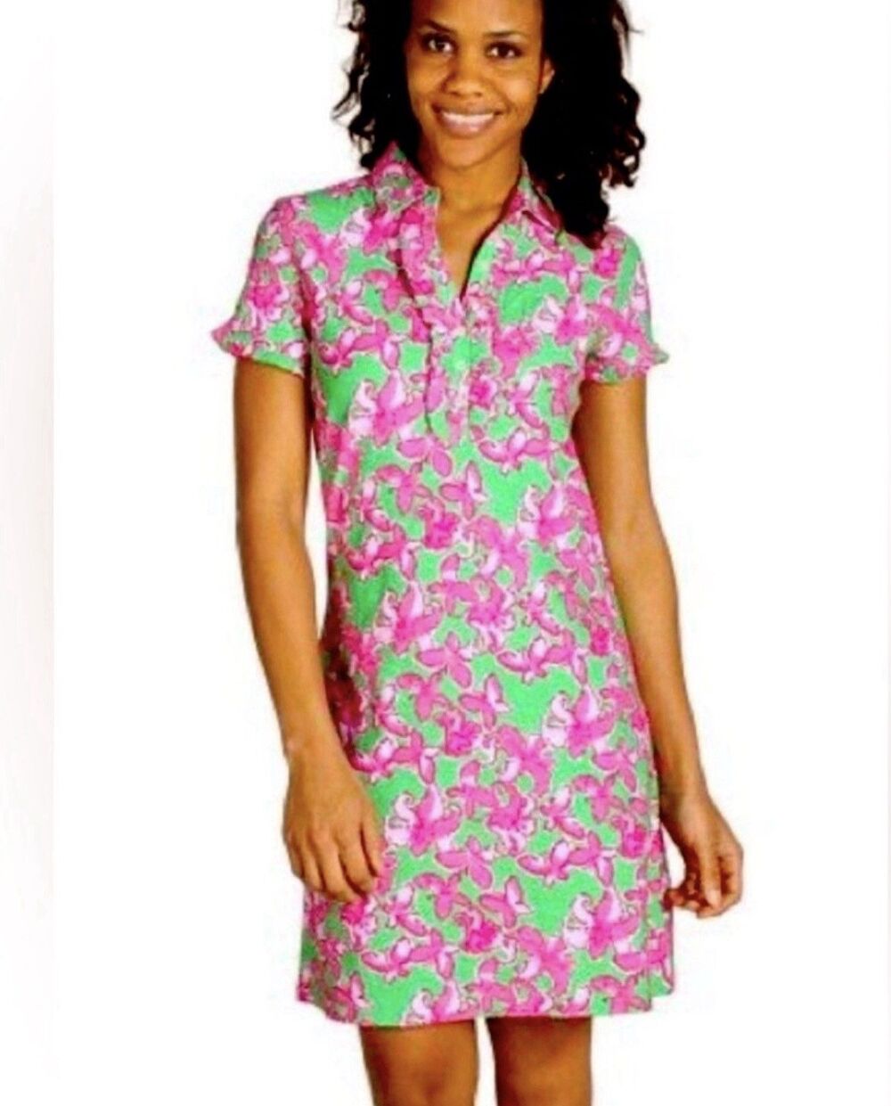 LILLY PULTIZER Women’s Dress Tshirt Green Pink Polo Collar Medium Short Sleeve
